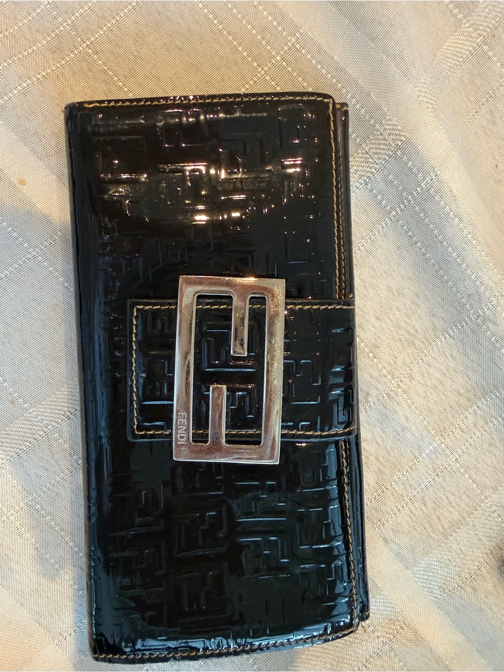 Fendi Black Patent Leather Embossed Logo Phone Wallet Case with Silver Buckle
